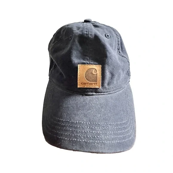 CARHARTT Canvas Cap Hat Navy Blue Hook & Loop Strap Back Dad Work Wear Logo - Picture 2 of 5